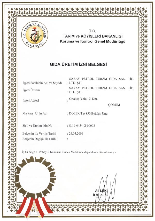 Dölek Tip 850 Buğday Unu Gıda Üretim İzni Belgesi